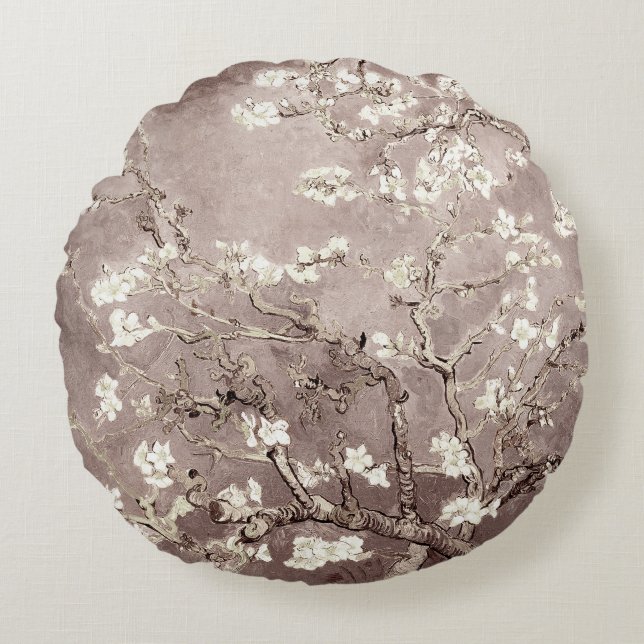 Vincent Van Gogh Almond Blossoms Beige Taupe Rundes Kissen (Vorderseite)