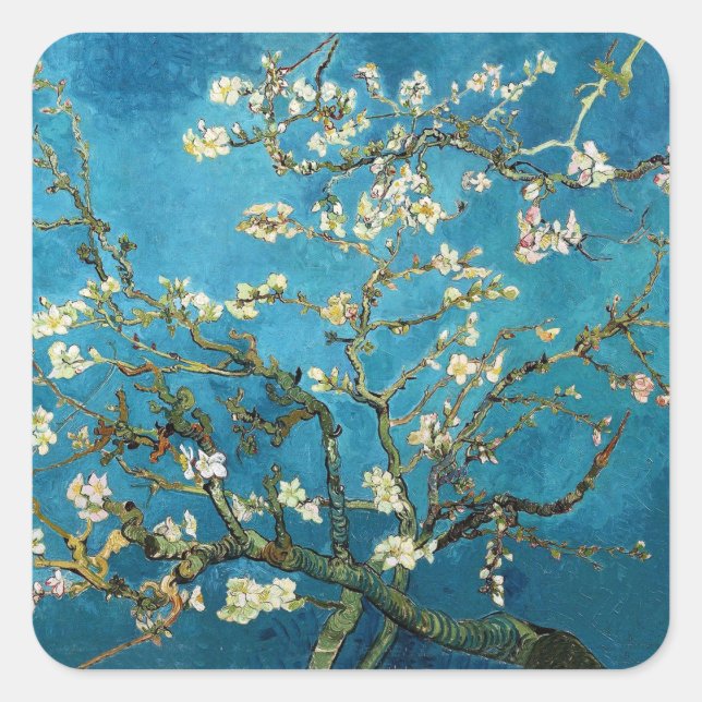 Vincent van Gogh, blühender Mandelbaum Quadratischer Aufkleber (Vorderseite)