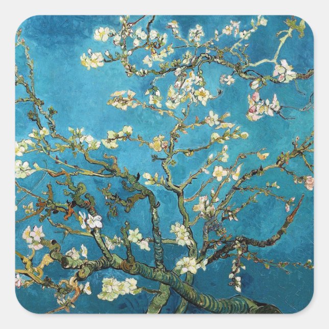 Vincent van Gogh, blühender Mandelbaum Quadratischer Aufkleber (Vorderseite)