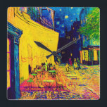 Vincent Van Gogh - Café Terrasse am Night Pop Quadratische Wanduhr<br><div class="desc">Dieses Öl auf Leinwand aus dem Jahre 1888, auch als Café Terrace On The Place Du Forum bekannt, zeigt ein Straßencafé in Arles France, das häufig von Van Gogh besucht wird, hell gelb unter einem dunkelblauen Nachthimmel mit Halogen-Sternen, ähnlich dem, was später in "The Starry Night" zu sehen wäre. Im...</div>