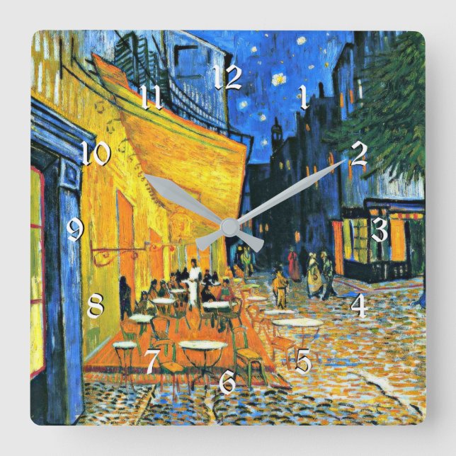 Vincent Van Gogh: Café Terrasse, berühmte Kunstwer Quadratische Wanduhr (Vorderseite)