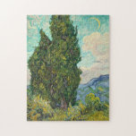 Vincent Van Gogh Cypresses<br><div class="desc">Schöne Vintage Kunstwerke,  berühmter impressionistischer Maler Vincent Van Gogh. Diese impressionistische Kunst zeigt Zypressen auf einem Feld vor wirbelnden Wolken und einem Mond am Himmel. Die Tees,  Gelb und Grüntöne machen ein schönes Rätsel.</div>