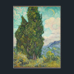 Vincent Van Gogh Cypresses Postkarte<br><div class="desc">Schöne Vintage Kunstwerke,  berühmter impressionistischer Maler Vincent Van Gogh. Diese impressionistische Kunst zeigt Zypressen auf einem Feld vor wirbelnden Wolken und einem Mond am Himmel. Die Tees,  Gelb und Grüntöne sind schön.</div>