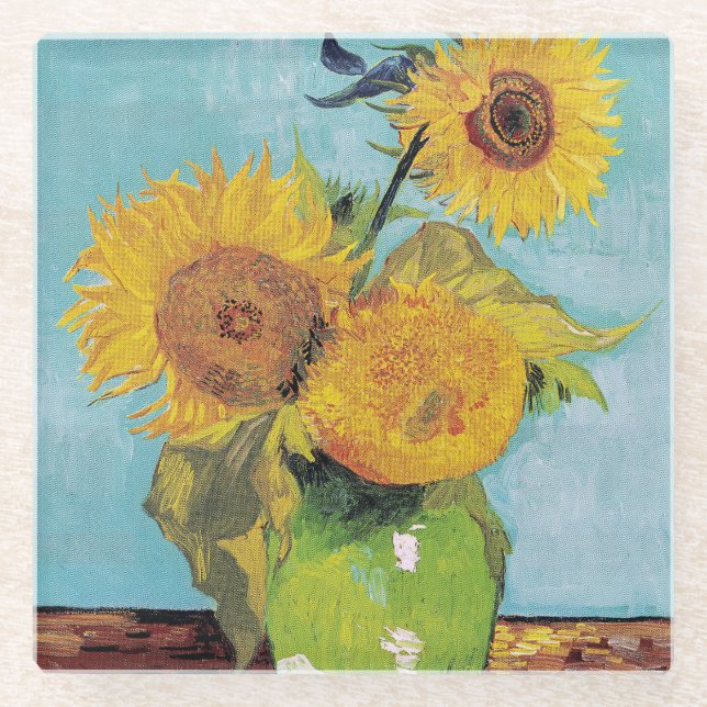 Vincent Van Gogh - Drei Sonnenblumen in einer Vase Glasuntersetzer (Vorderseite)
