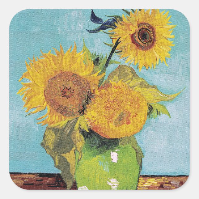 Vincent Van Gogh - Drei Sonnenblumen in einer Vase Quadratischer Aufkleber (Vorderseite)