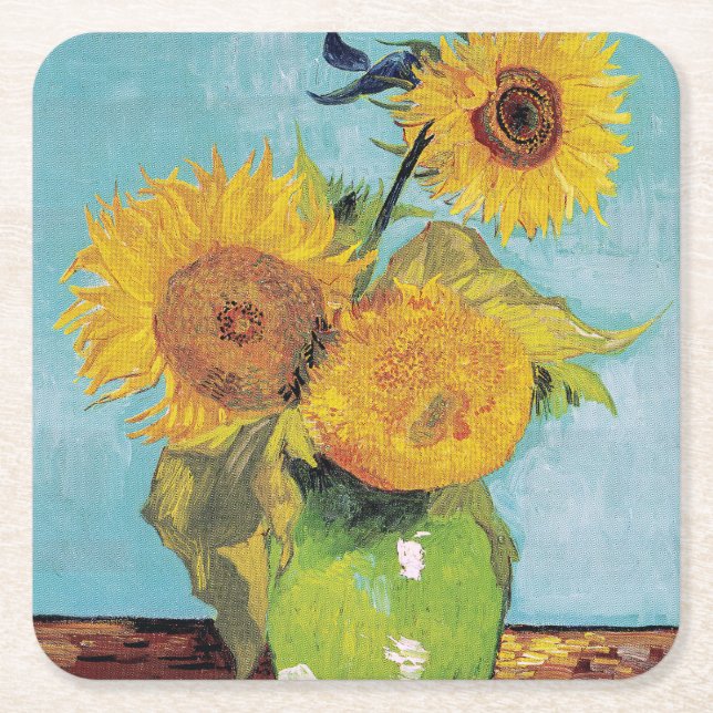 Vincent Van Gogh - Drei Sonnenblumen in einer Vase Rechteckiger Pappuntersetzer (Vorderseite)