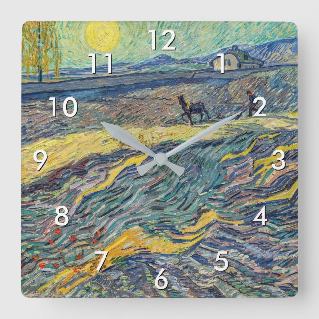 Vincent van Gogh - Feld mit pflügenden Bauern Quadratische Wanduhr (Vorderseite)