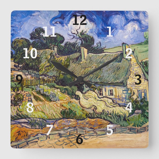 Vincent Van Gogh - Hütten in Cordeville Quadratische Wanduhr (Vorderseite)