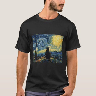 Vincent Van Gogh Inspired Starry Night Kitten Silh T-Shirt