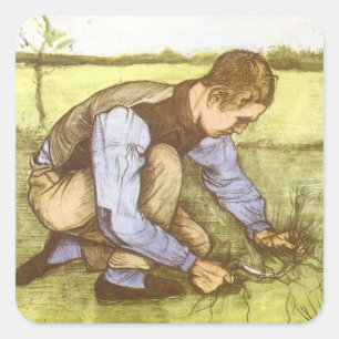 Vincent van Gogh - Junge mäht Gras mit Sichel Quadratischer Aufkleber