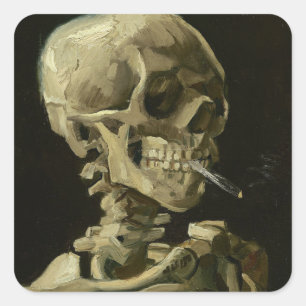 Vincent van Gogh-Kopf eines Skeletts mit Zigarette Quadratischer Aufkleber