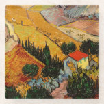 Vincent van Gogh - Landschaft, Haus und Plowman Glasuntersetzer<br><div class="desc">Landschaft mit Haus und Plowman / Tal mit Plowman Seen von oben - Vincent van Gogh,  1889</div>