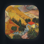 Vincent van Gogh - Landschaft, Haus und Plowman Pappteller<br><div class="desc">Landschaft mit Haus und Plowman / Tal mit Plowman Seen von oben - Vincent van Gogh,  1889</div>