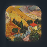 Vincent van Gogh - Landschaft, Haus und Plowman Pappteller<br><div class="desc">Landschaft mit Haus und Plowman / Tal mit Plowman Seen von oben - Vincent van Gogh,  1889</div>