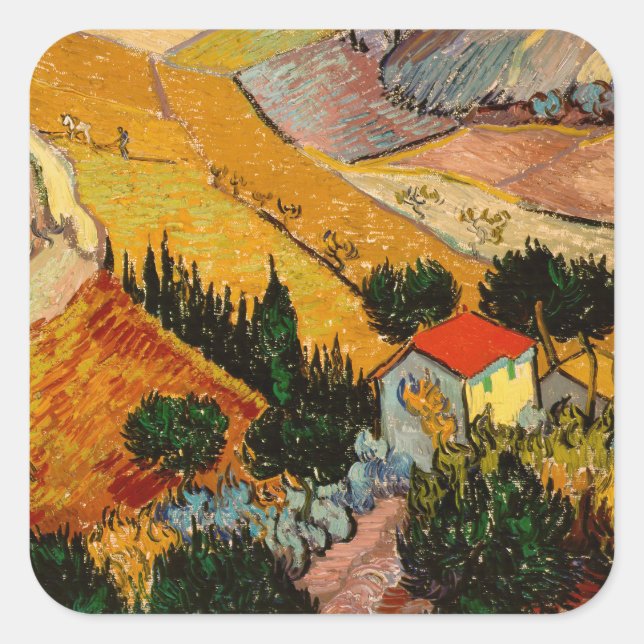 Vincent van Gogh - Landschaft, Haus und Plowman Quadratischer Aufkleber (Vorderseite)