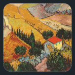 Vincent van Gogh - Landschaft, Haus und Plowman Quadratischer Aufkleber<br><div class="desc">Landschaft mit Haus und Plowman / Tal mit Plowman Seen von oben - Vincent van Gogh,  1889</div>