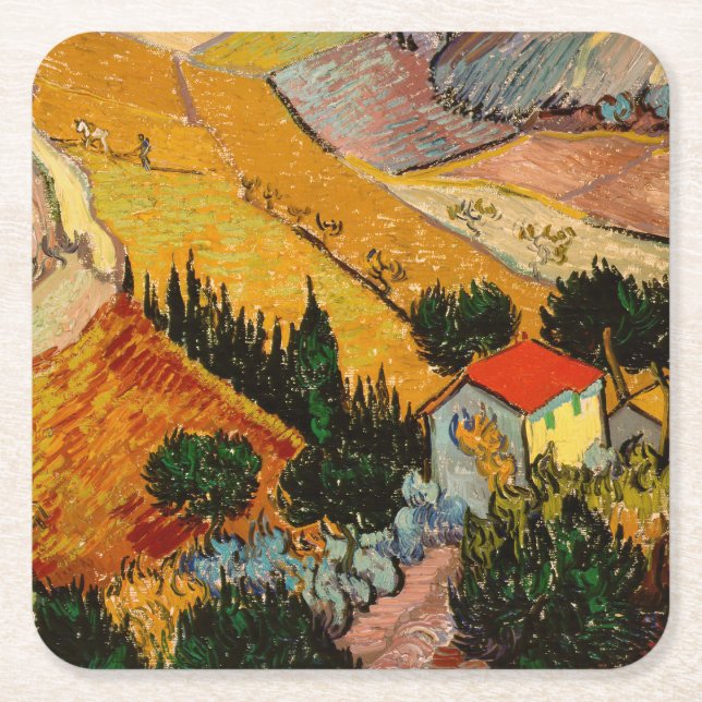 Vincent van Gogh - Landschaft, Haus und Plowman Rechteckiger Pappuntersetzer (Vorderseite)
