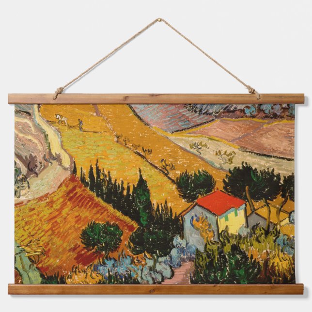 Vincent van Gogh - Landschaft, Haus und Plowman Wandteppich Mit Holzrahmen (Vorne)
