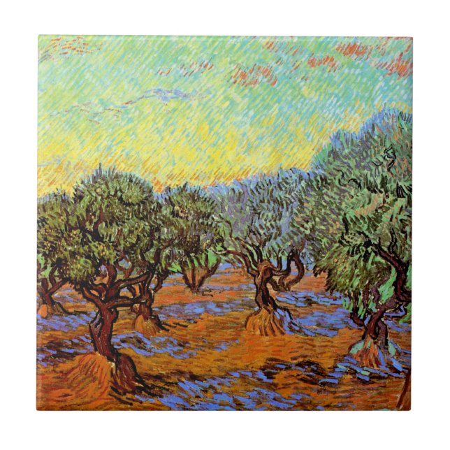 Vincent Van Gogh - Olive Grove mit Orange Sky Fliese (Vorderseite)