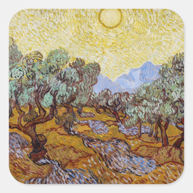 Vincent van Gogh - Olivenbäume, Gelber Himmel und  Quadratischer Aufkleber (Vorderseite)