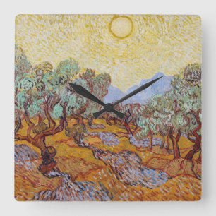 Vincent Van Gogh - Olivenbäume mit gelbem Himmel Quadratische Wanduhr