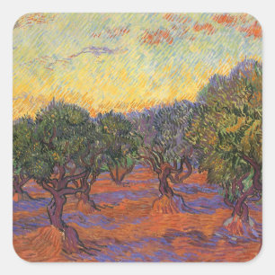 Vincent van Gogh - Olivenhain, orangener Himmel Quadratischer Aufkleber