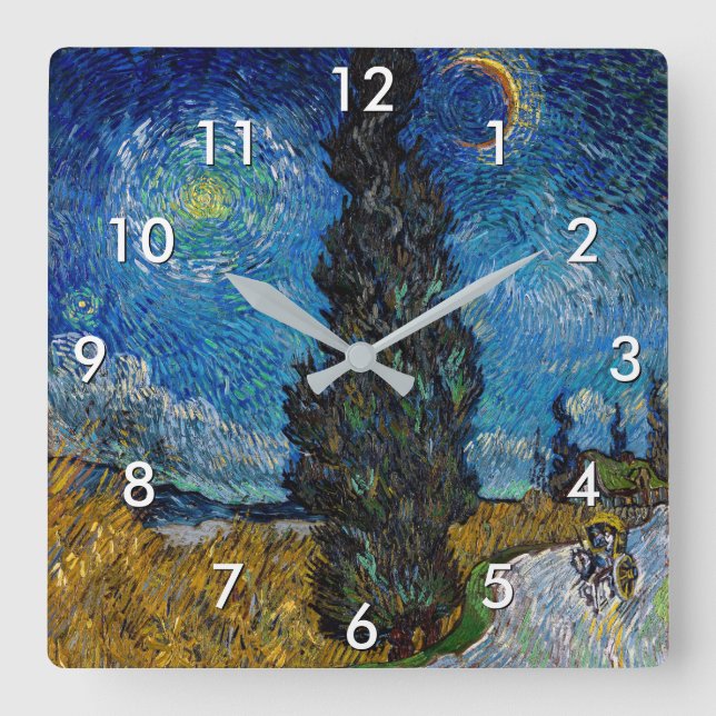 Vincent van Gogh - Road with Cypress and Star Quadratische Wanduhr (Vorderseite)