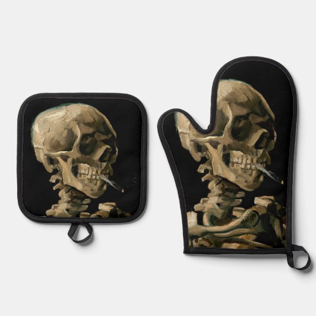 Vincent van Gogh - Skull mit brennender Zigarette Ofenhandschuh & Topflappen-Set (Vorderseite)