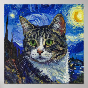 Vincent Van Gogh Sternennacht Katzenporträt Poster