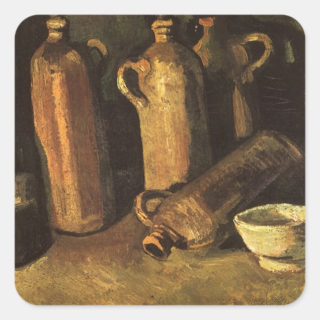 Vincent van Gogh - Stillleben mit 4 Steinflaschen Quadratischer Aufkleber (Vorderseite)