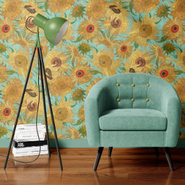 Vincent Van Gogh Sunflowers Aqua Blue Yellow Tapete