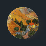 Vincent van Gogh - Tal mit Plowman Button<br><div class="desc">Das Tal mit Plowman Seen From Oove (1889) von Vincent van Gogh ist ein Vintages Landschaftsbild der Kunstlandschaft, das in Post-Impressionismus erbaut wurde. Ein pflügerischer Bauer, der die Felder seines Bauernhofs mit seinem Ochsenkühteam bearbeitet. Ein landwirtschaftliches Alltagsleben Landschaftsbilder mit Bäumen in einem Tal. Über den Künstler: Vincent Willem van Gogh...</div>