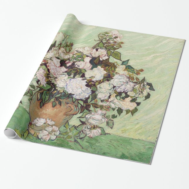 Vincent Van Gogh Vase mit rosa Rosen und florale K Geschenkpapier (Ungerollt)