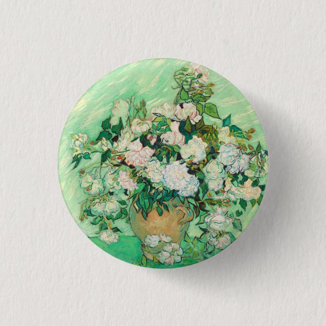 Vincent Van Gogh Vase mit rosa Roses Fine Art Button (Vorderseite)