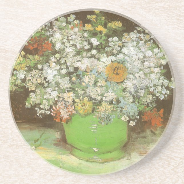 Vincent van Gogh - Vase mit Zinnias und Blume Sandstein Untersetzer (Vorne)