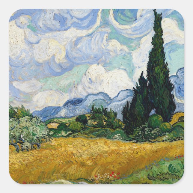 Vincent Van Gogh Weizenfeld mit Zypressen Quadratischer Aufkleber (Vorderseite)