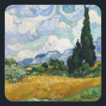 Vincent Van Gogh Weizenfeld mit Zypressen Quadratischer Aufkleber<br><div class="desc">Vincent Van Gogh Wheat Field with Cypresses Fine Art A Wheatfield with Cypresses (gelegentlich A Cornfield with Cypresses genannt) ist eines von drei ähnlichen Ölgemälden von Vincent van Gogh aus dem Jahr 1889, die im Rahmen seiner Weizenfeldserie entstanden sind. Alle wurden im St. Paul-de-Mausole-Psychoasyl in Saint-Remy bei Arles, Frankreich, vollstreckt,...</div>