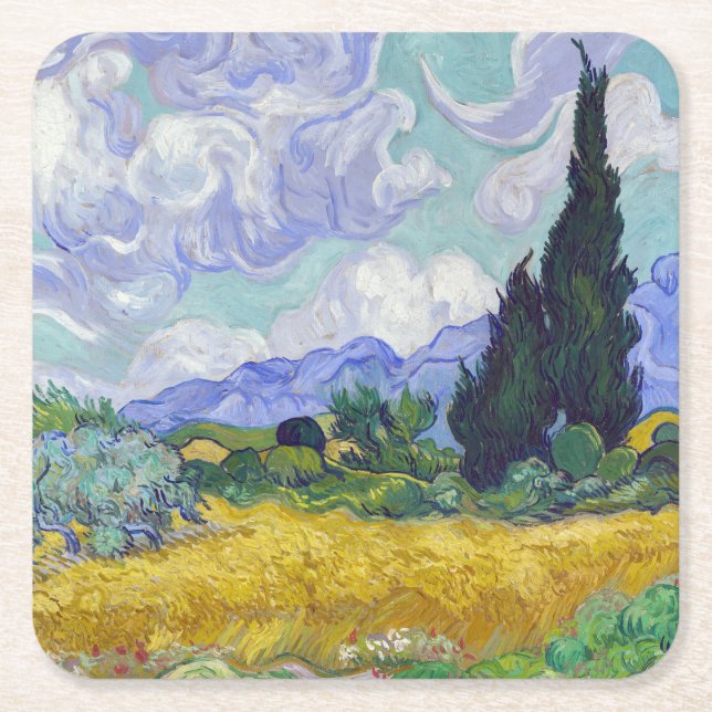 Vincent Van Gogh - Weizenfeld mit Zypressen Rechteckiger Pappuntersetzer (Vorderseite)