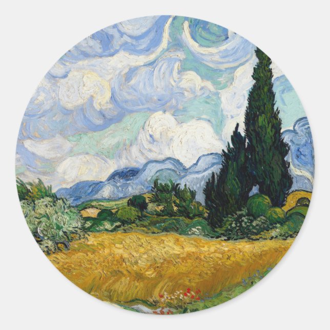 Vincent Van Gogh Weizenfeld mit Zypressen Runder Aufkleber (Vorderseite)
