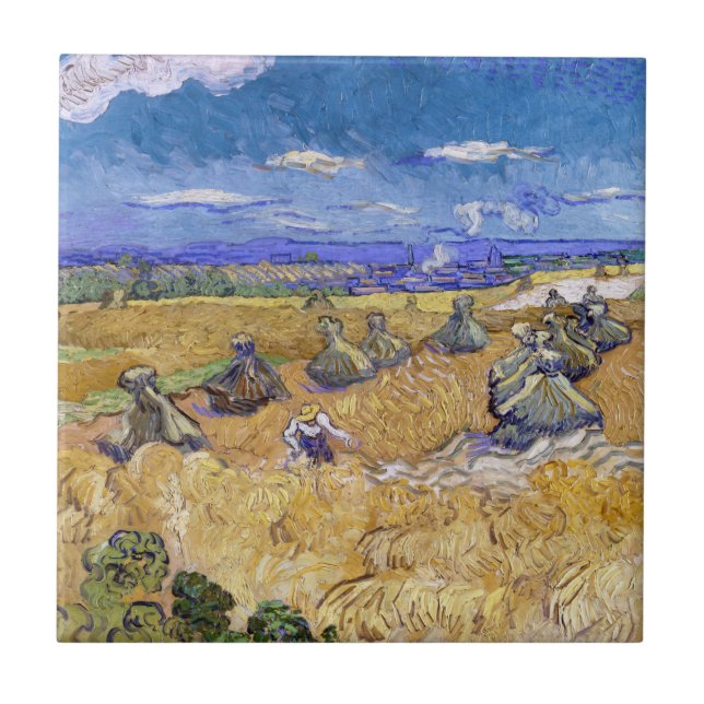 Vincent van Gogh - Weizenstapel mit Sensenmännern Fliese (Vorderseite)