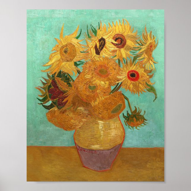 Vincent Van Gogh Zwölf Sonnenblumen in einer Vase Poster (Vorne)