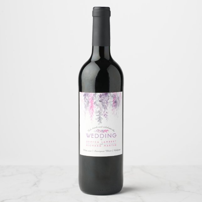 Vine florale Aquarell Indigo lila rosa Hochzeit Weinetikett (Vorderseite)