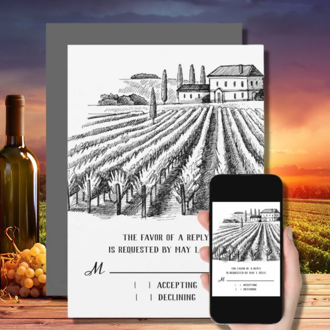 Vineyard Winery Rustic Sketch Wedding Carte RSVP (Créateur téléchargé)