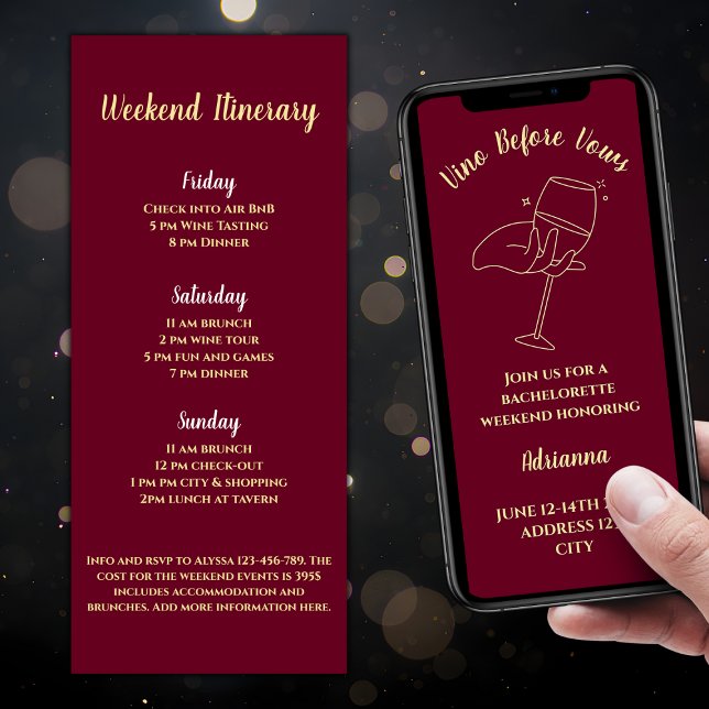 Vino Before Vows Bachelorette Einladung (Vino Before Vows Wine Bachelorette Weekend Invitation Burgundy And Gold  Elegant Wine Glass )