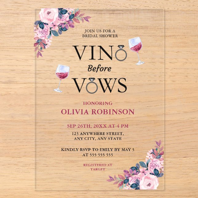 Vino Before Vows Floral Wine Theme Brautparty Acryleinladungen (Vorderseite)