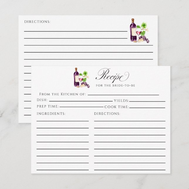 Vino Before Vows Recipe Card Bridal Shower Insert (Vorne/Hinten)