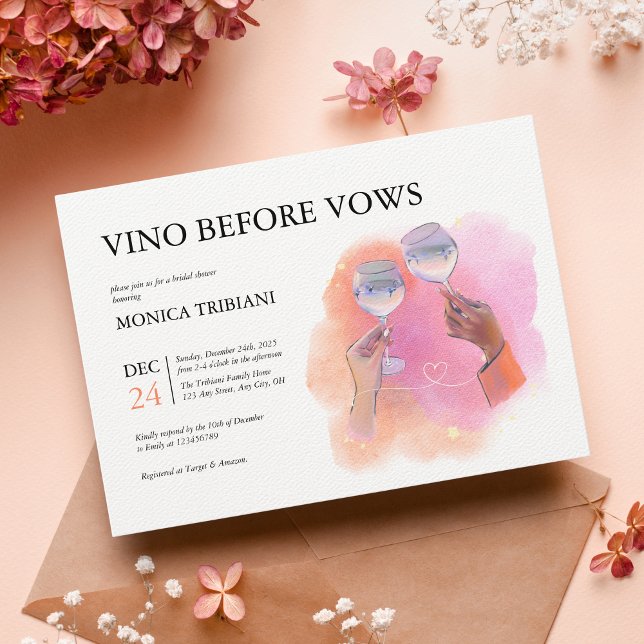 Vino Before Vows Vibrant Pink Orange Bridal Shower Einladung (Von Creator hochgeladen)