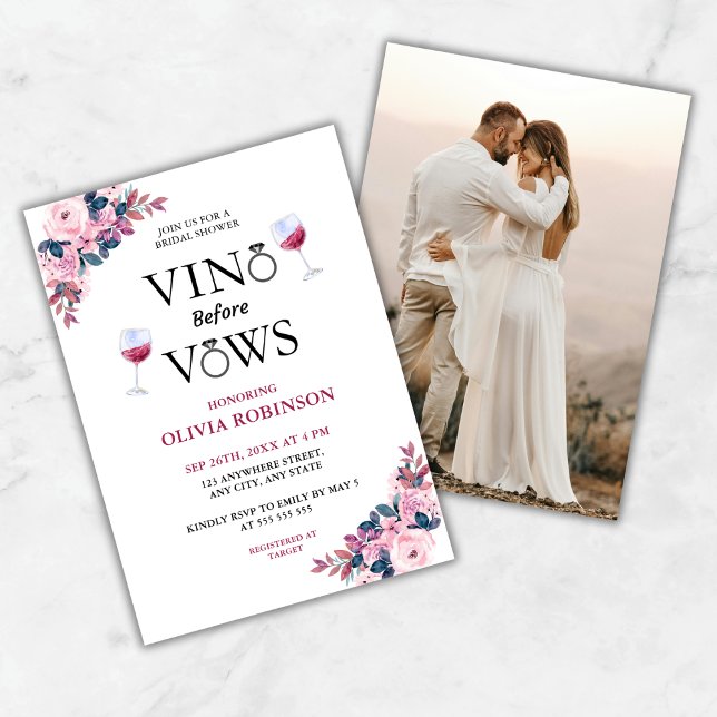 Vino Before Vows Wine Theme Foto Brautparty Einladung (Vino Before Vows Floral Photo Wine Bridal Shower Invitation  )