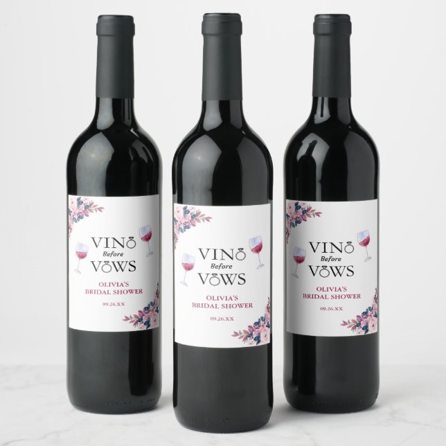 Vino vor Vows Elegantes florales Brautparty Weinetikett (Flaschen)