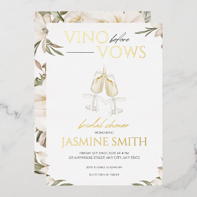 Vino vor Vows Gold White Floral Brautparty Folieneinladung (Vorderseite/Rückseite)